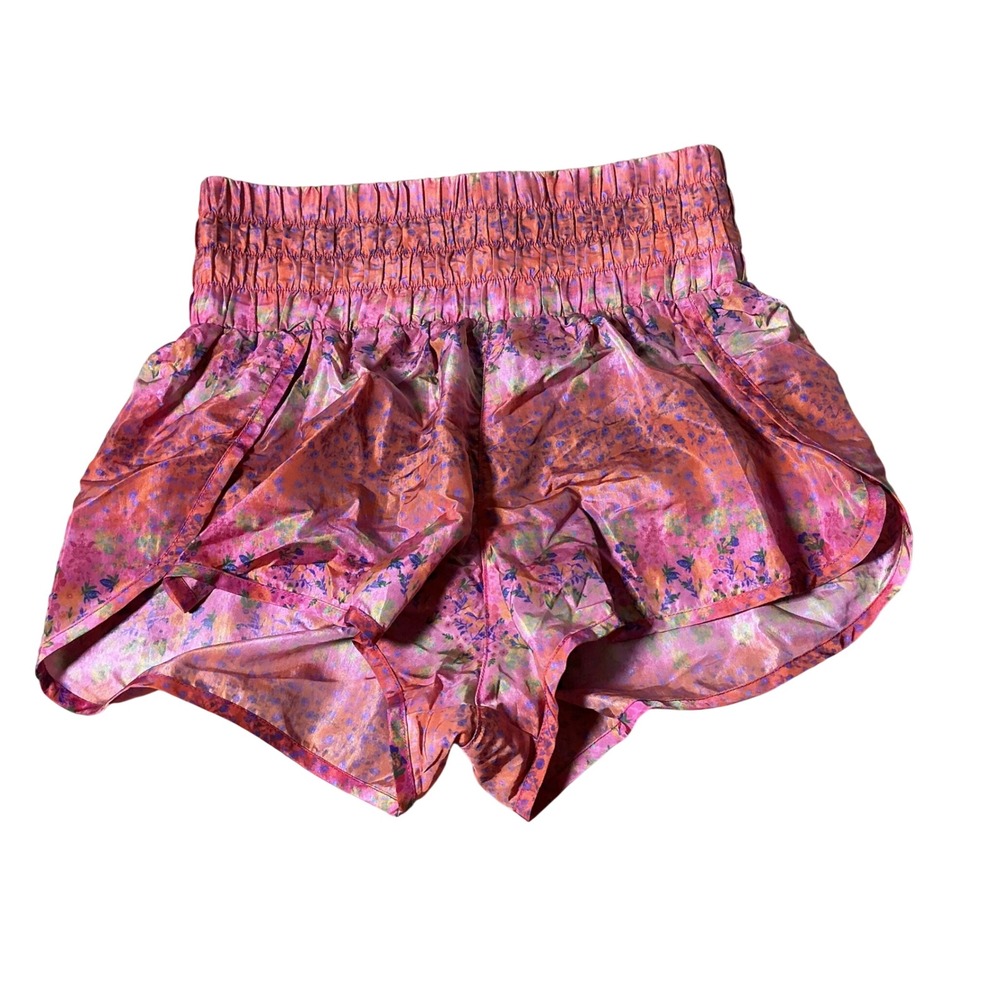 Natural Life Floral Smocked Running Shorts Womens M Pink Orange Iridescent